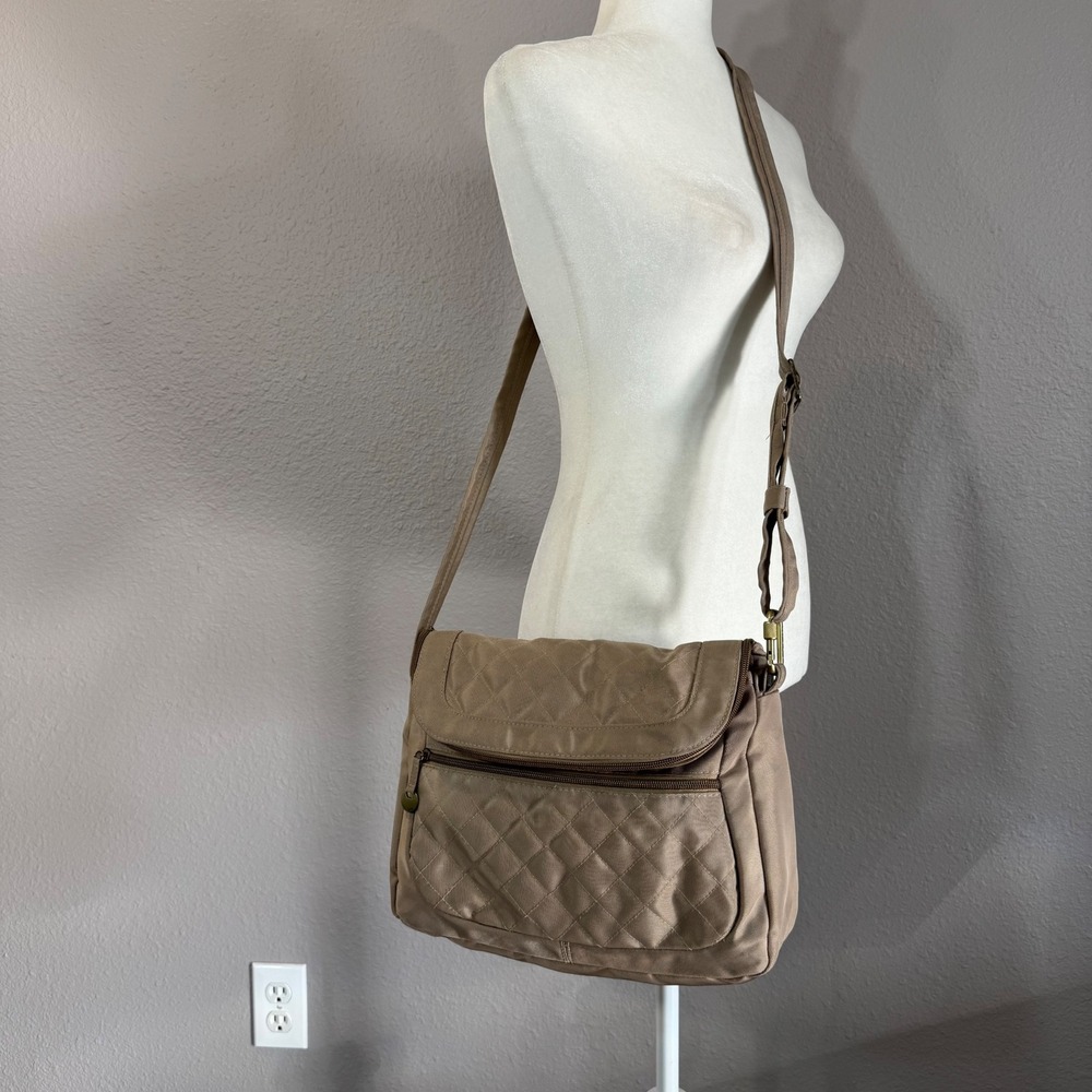 Travelon Tan Quilted Fold Over Polyester Anti-Theft Crossbody Bag 42916